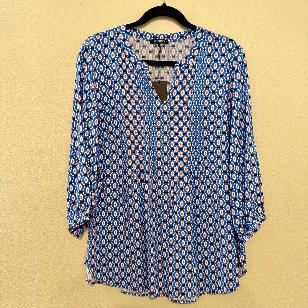 Olsen Chic Blue and White Patterned Blouse